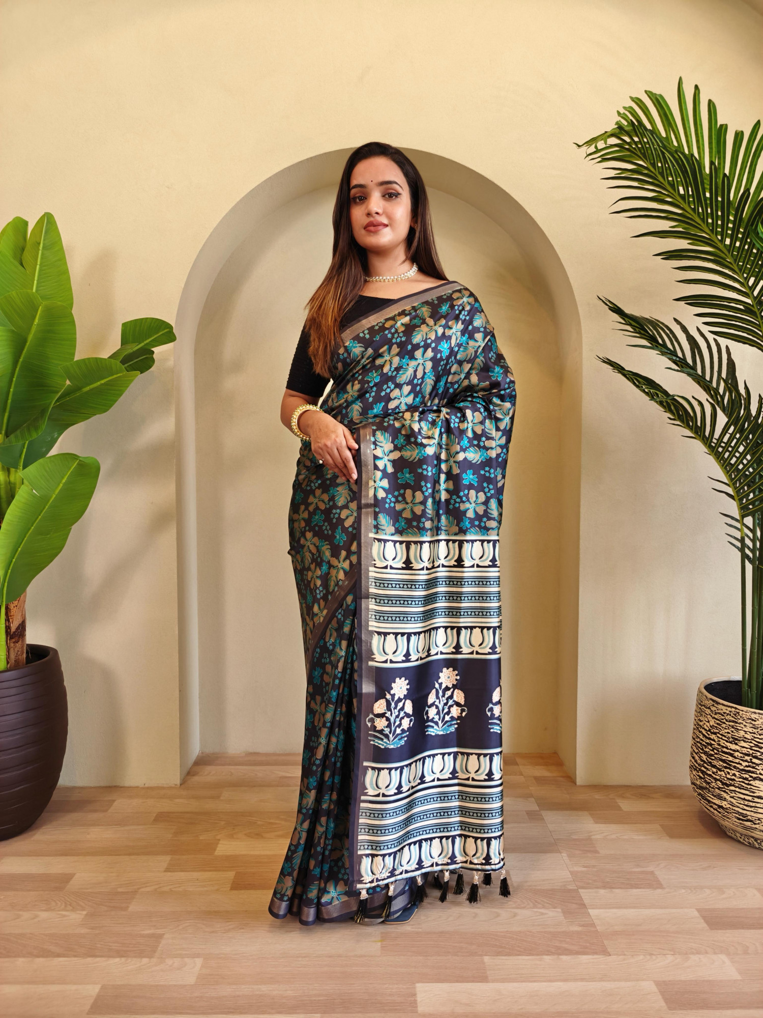 Blue Pure Dola Viscose All Over Digital Printed With Zari Border Saree