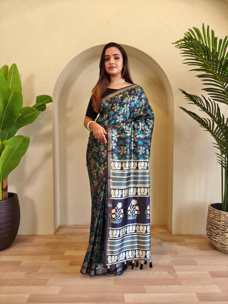 Image of Blue Pure Dola Viscose All Over Digital Printed With Zari Border Saree