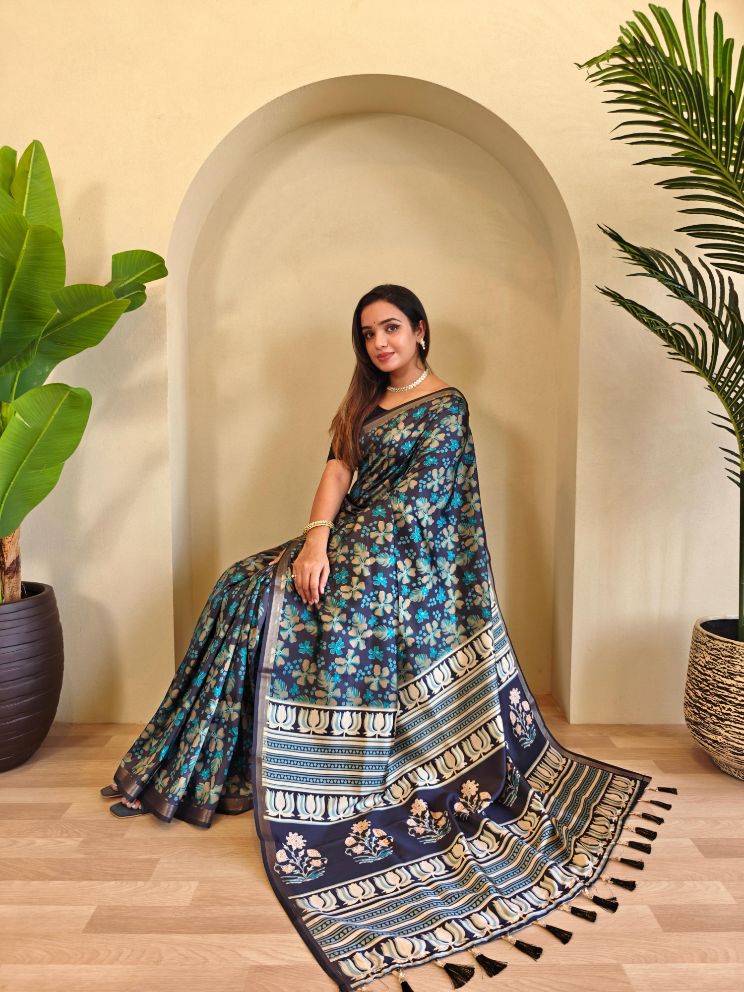 Blue Pure Dola Viscose All Over Digital Printed With Zari Border Saree