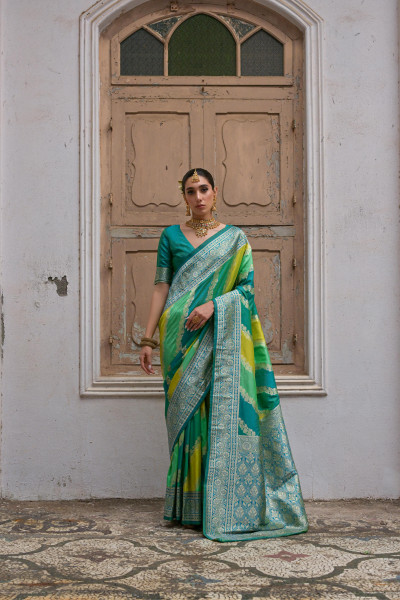 Image of Jade C-Green Multi Pure Gajji Silk Rich Zari Weaved Pallu Border Saree