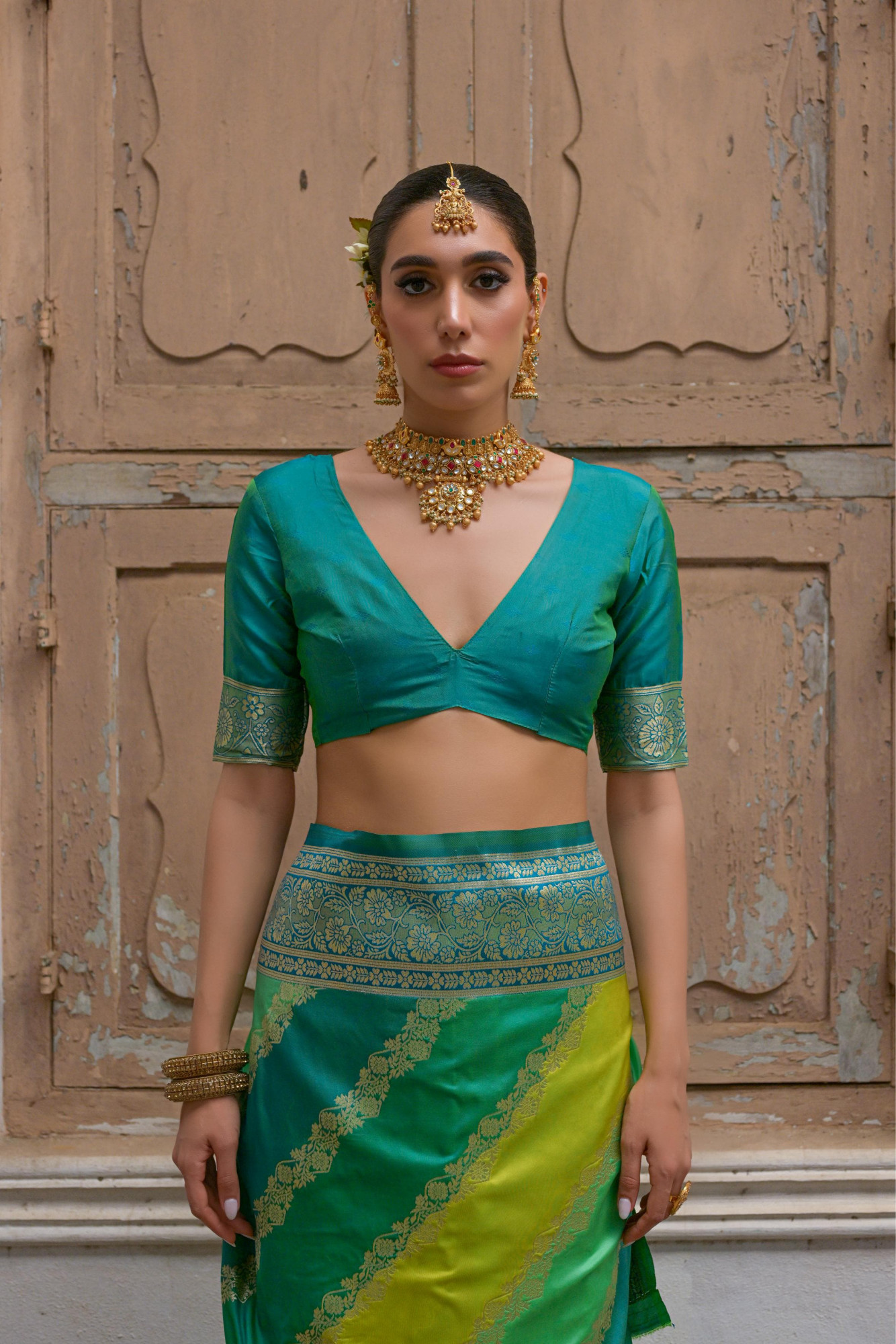 Jade C-Green Multi Pure Gajji Silk Rich Zari Weaved Pallu Border Saree