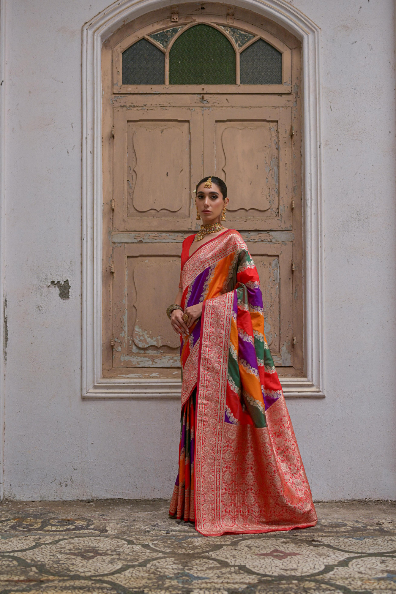 Red Green Multi Pure Gajji Silk Rich Zari Weaved Pallu Border Saree