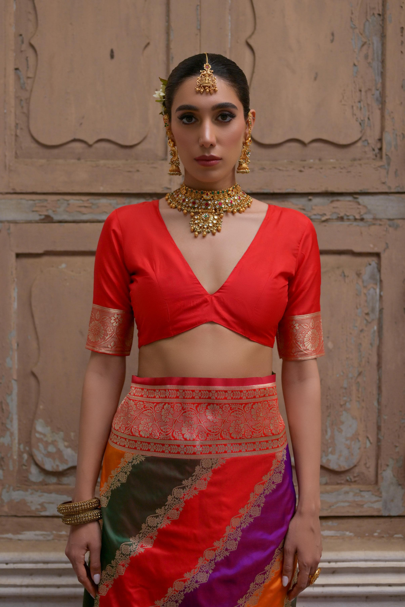 Red Green Multi Pure Gajji Silk Rich Zari Weaved Pallu Border Saree