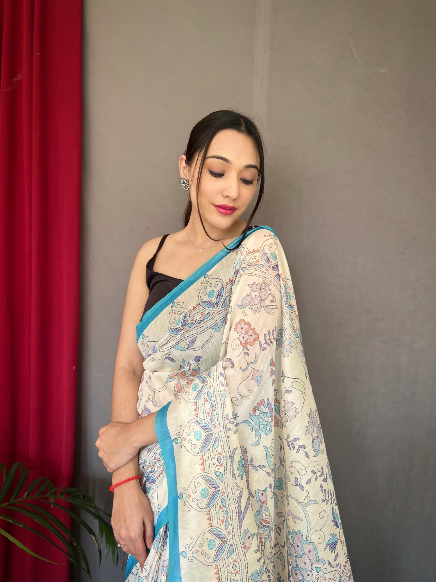 Off-White Sky Blue Border Pure Malai Ultra Soft Cotton Katha Printed Saree