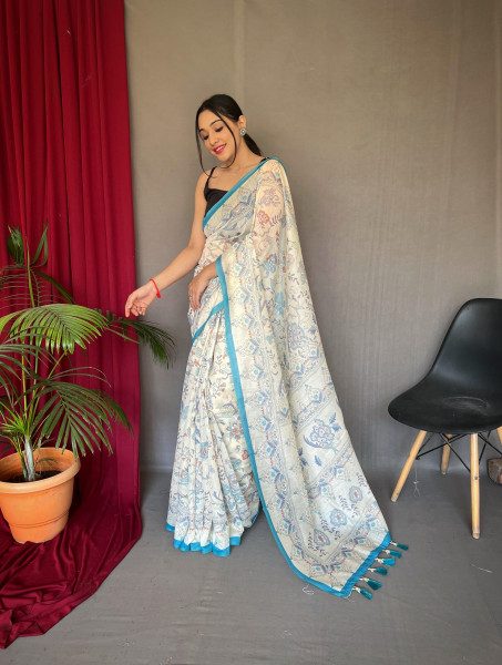 Image of Off-White Sky Blue Border Pure Malai Ultra Soft Cotton Katha Printed Saree