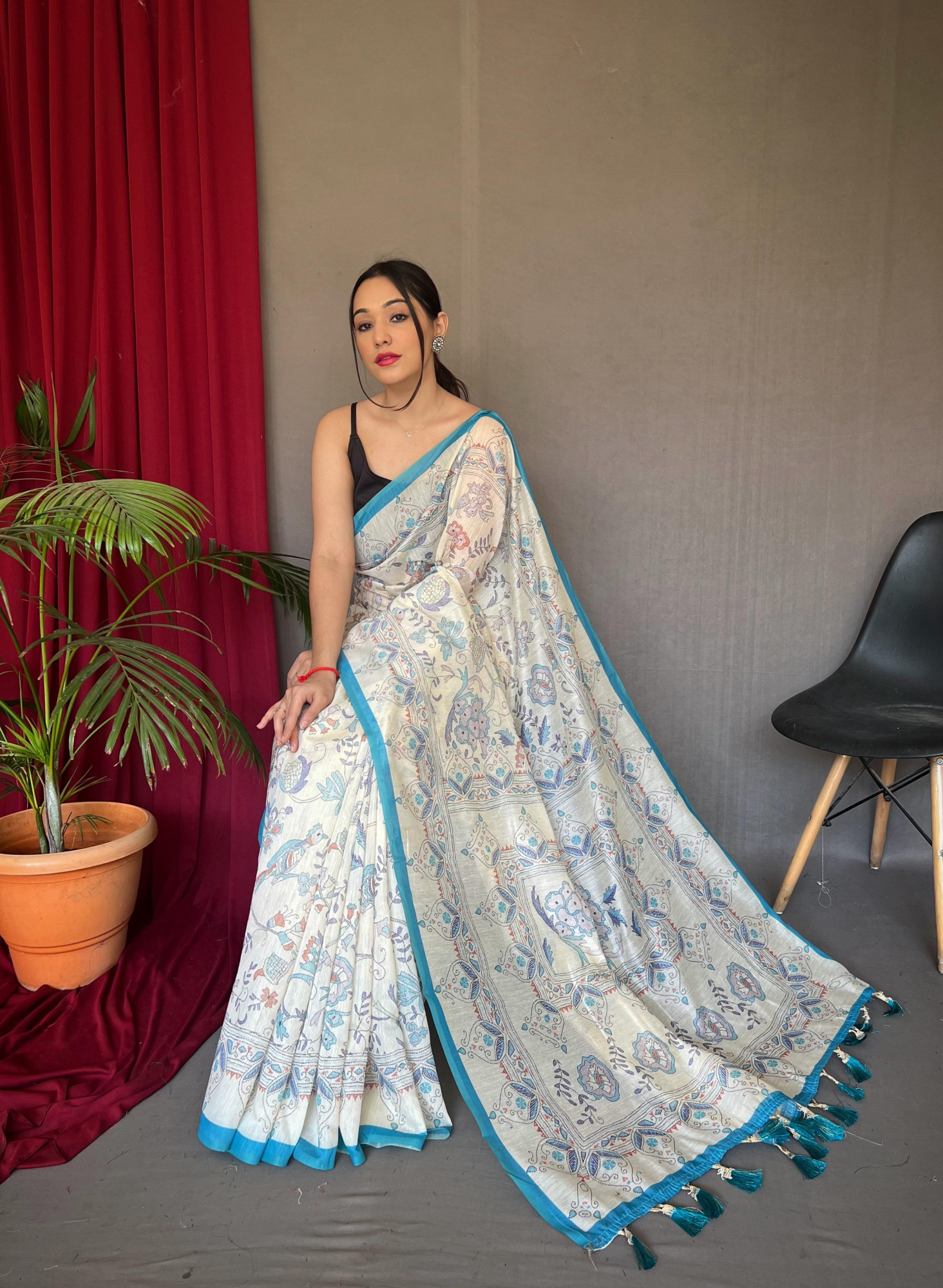 Off-White Sky Blue Border Pure Malai Ultra Soft Cotton Katha Printed Saree