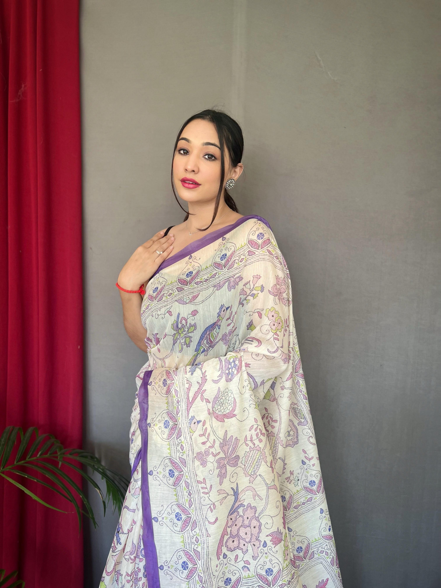 Off-White Lavender Border Pure Malai Ultra Soft Cotton Katha Printed Saree