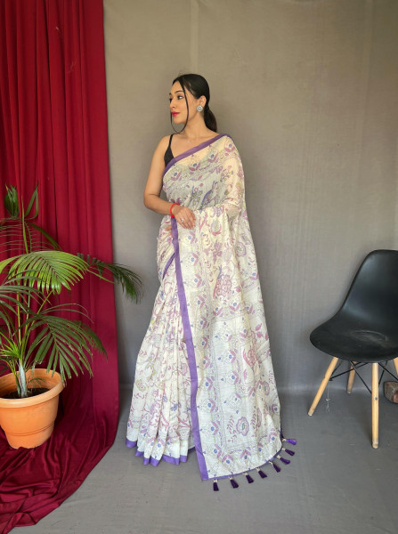 Image of Off-White Lavender Border Pure Malai Ultra Soft Cotton Katha Printed Saree