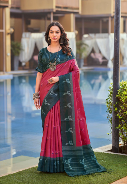 Image of Dark Magenta Handloom Tissue Silk Resham Weaved Pallu Border Saree