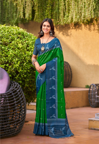 Image of Green Handloom Tissue Silk Resham Weaved Pallu Border Saree