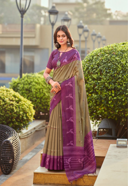 Image of Clay Handloom Tissue Silk Resham Weaved Pallu Border Saree