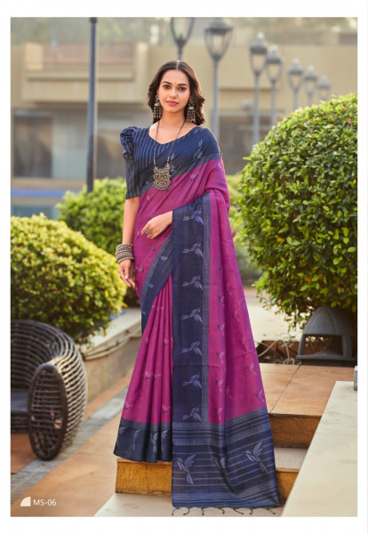 Image of Purple Handloom Tissue Silk Resham Weaved Pallu Border Saree