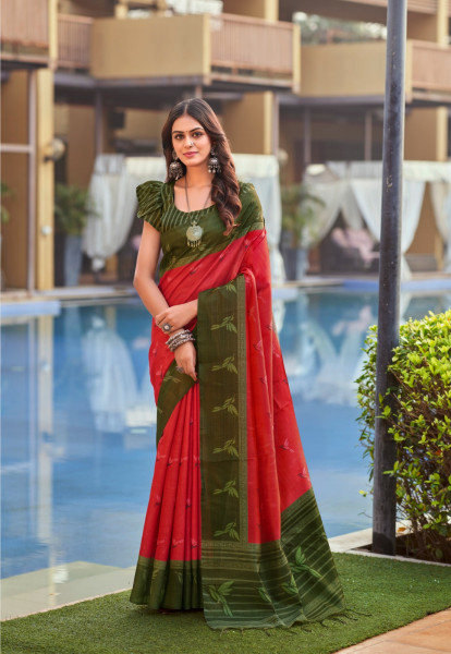 Image of Red Handloom Tissue Silk Resham Weaved Pallu Border Saree
