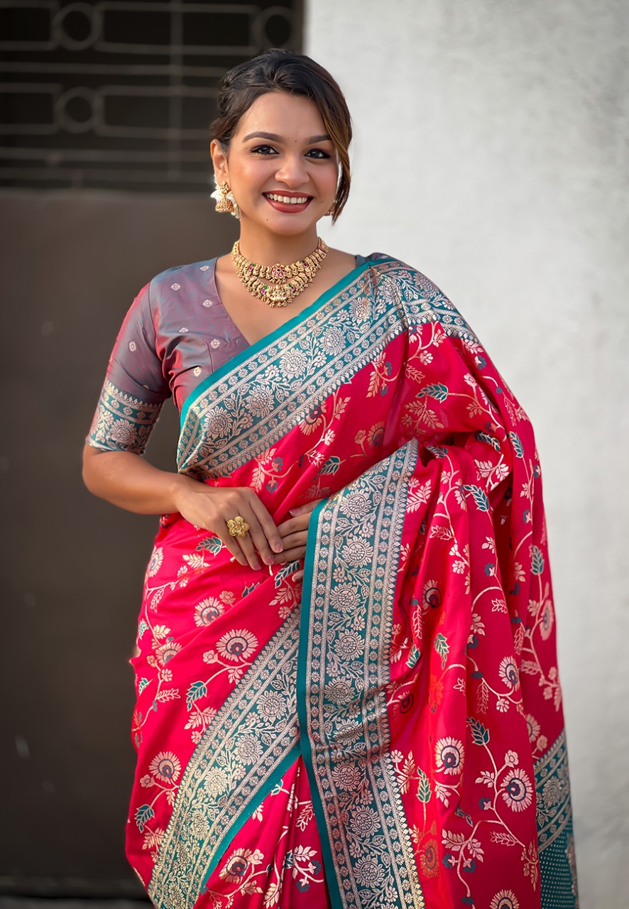 Red Premium Banarasi Silk Rose Gold Zari Meenakari Weaved All Over Saree
