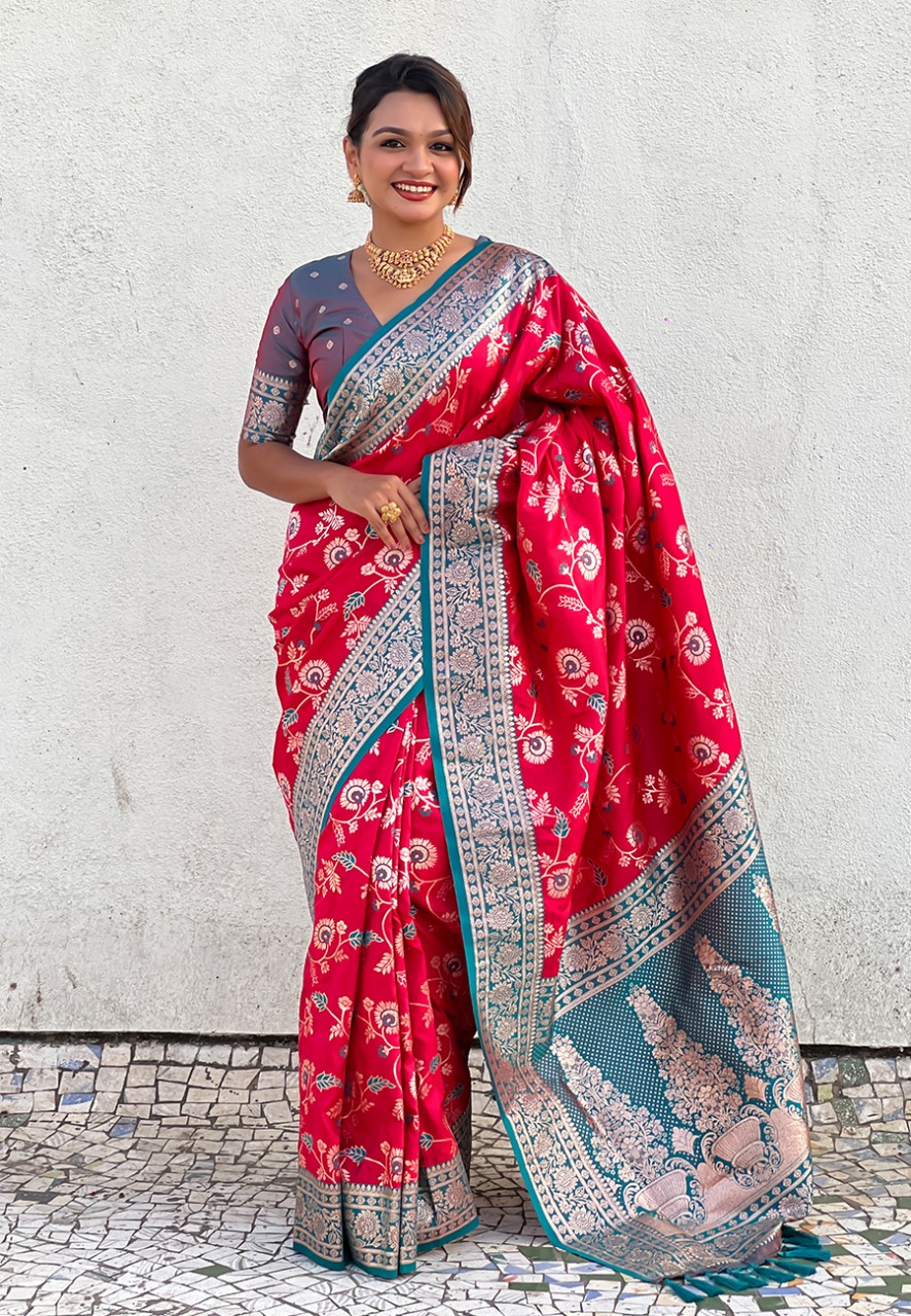 Red Premium Banarasi Silk Rose Gold Zari Meenakari Weaved All Over Saree