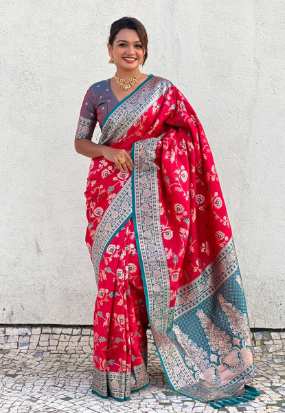 Image of Red Premium Banarasi Silk Rose Gold Zari Meenakari Weaved All Over Saree