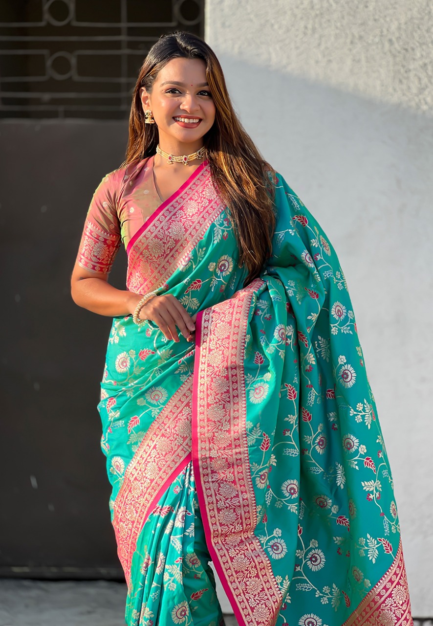 C-Green Premium Banarasi Silk Rose Gold Zari Meenakari Weaved All Over Saree