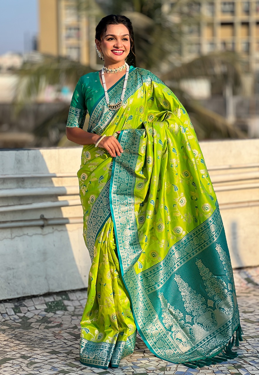 Lime Green Premium Banarasi Silk Rose Gold Zari Meenakari Weaved All Over Saree