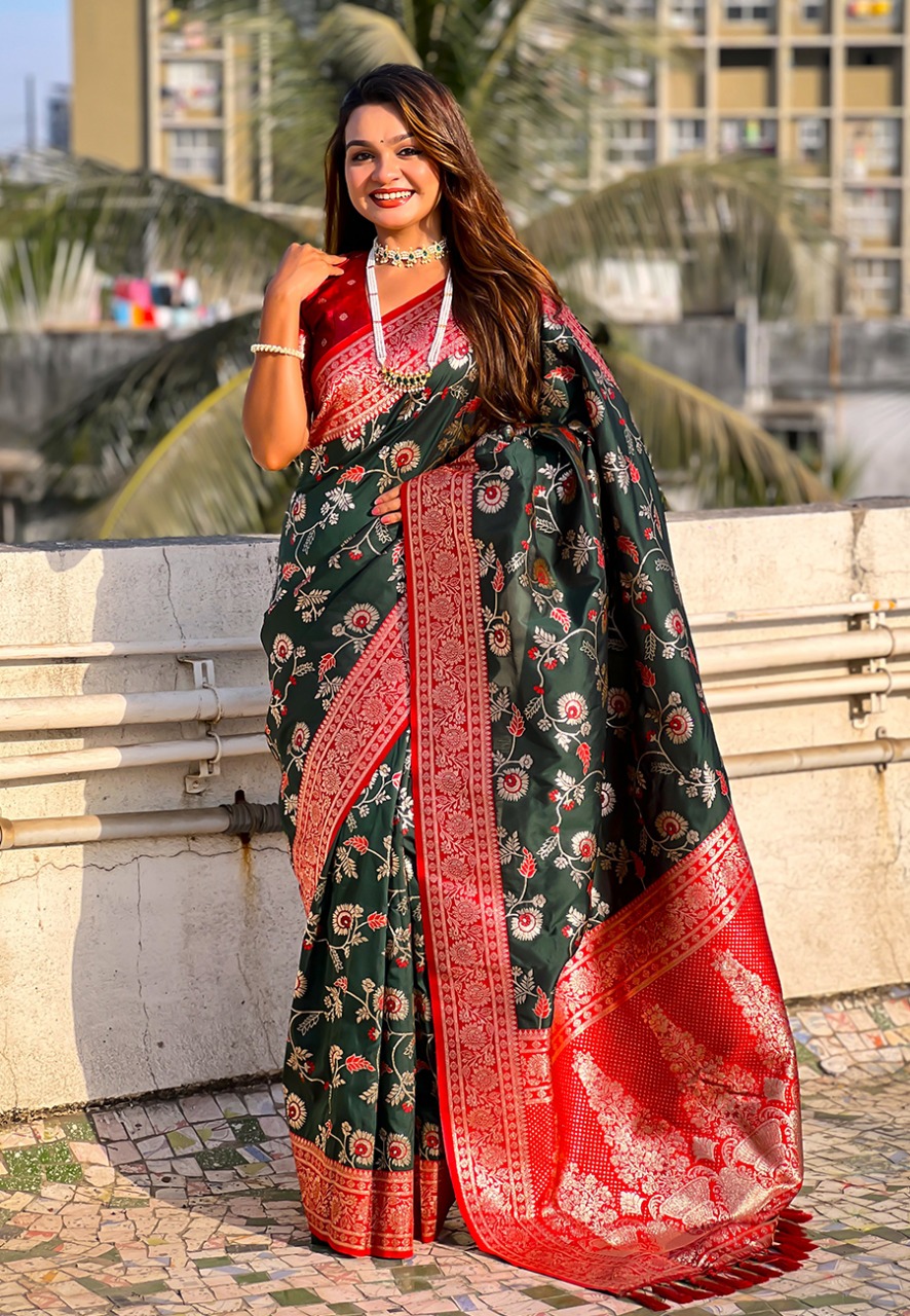 Bottle Green Premium Banarasi Silk Rose Gold Zari Meenakari Weaved All Over Saree