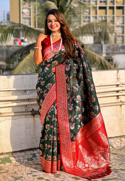 Image of Bottle Green Premium Banarasi Silk Rose Gold Zari Meenakari Weaved All Over Saree