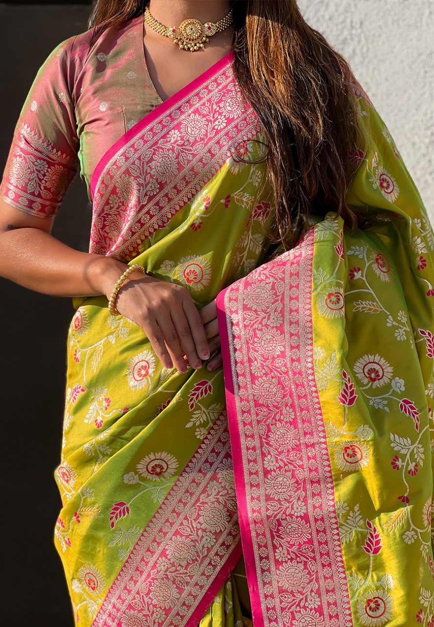Mehendi Green Premium Banarasi Silk Rose Gold Zari Meenakari Weaved All Over Saree