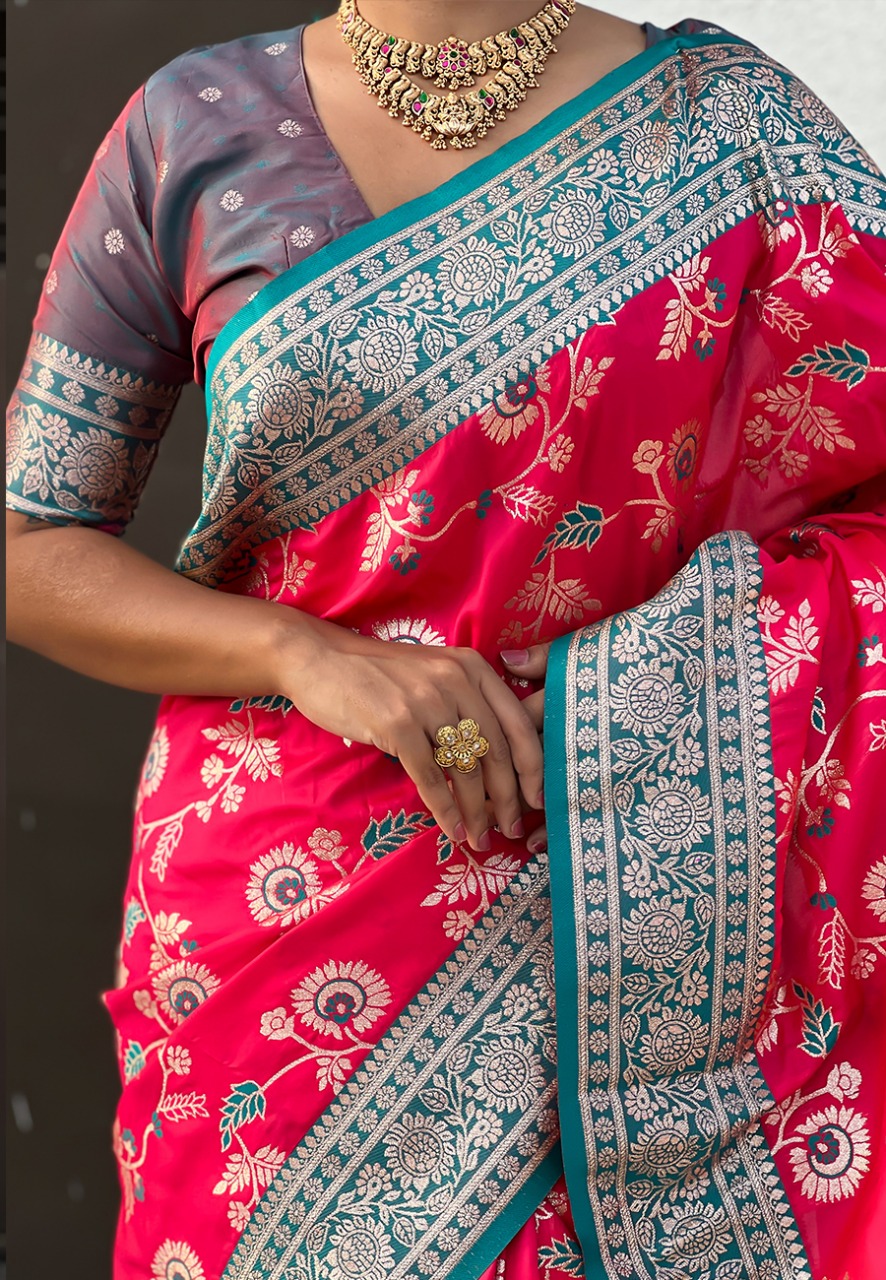 Red Premium Banarasi Silk Rose Gold Zari Meenakari Weaved All Over Saree