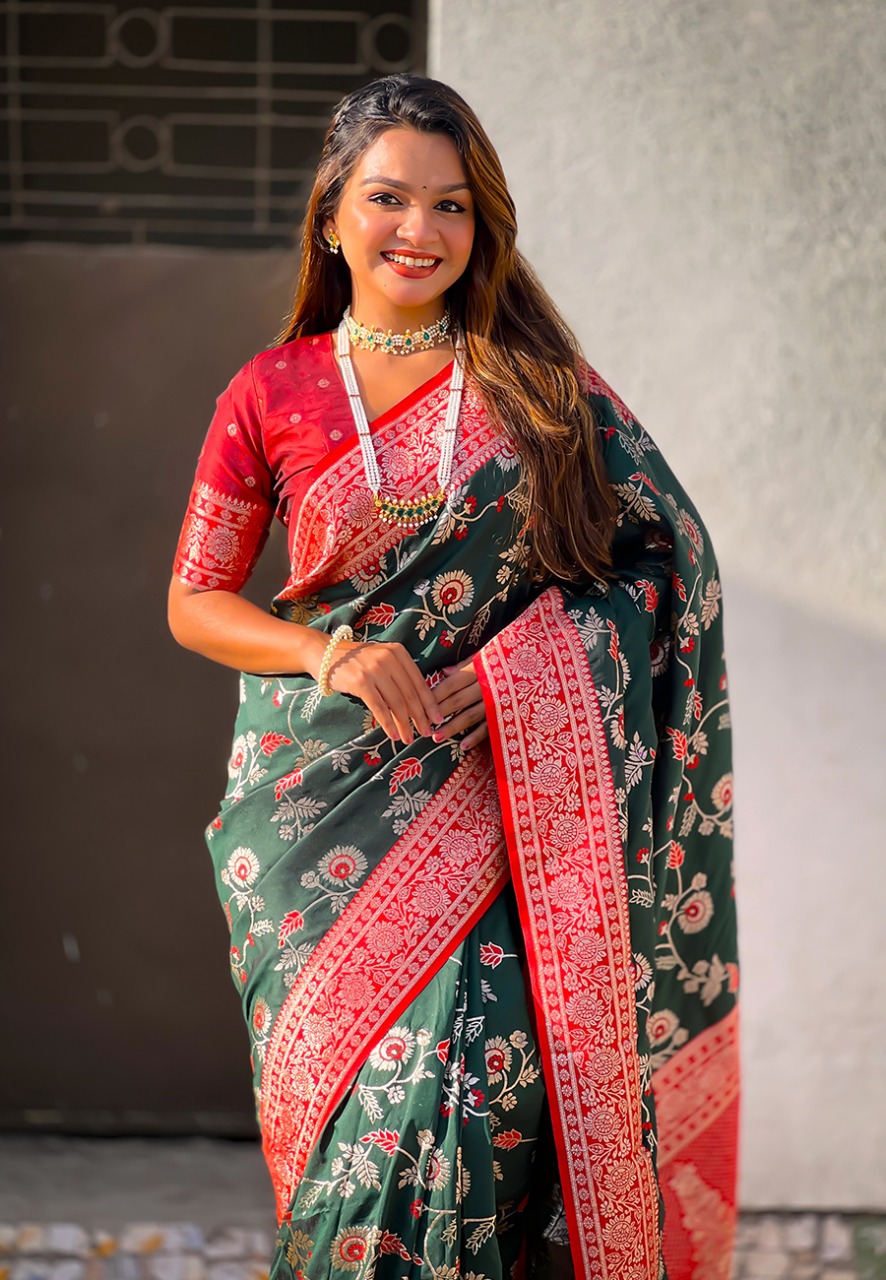 Bottle Green Premium Banarasi Silk Rose Gold Zari Meenakari Weaved All Over Saree