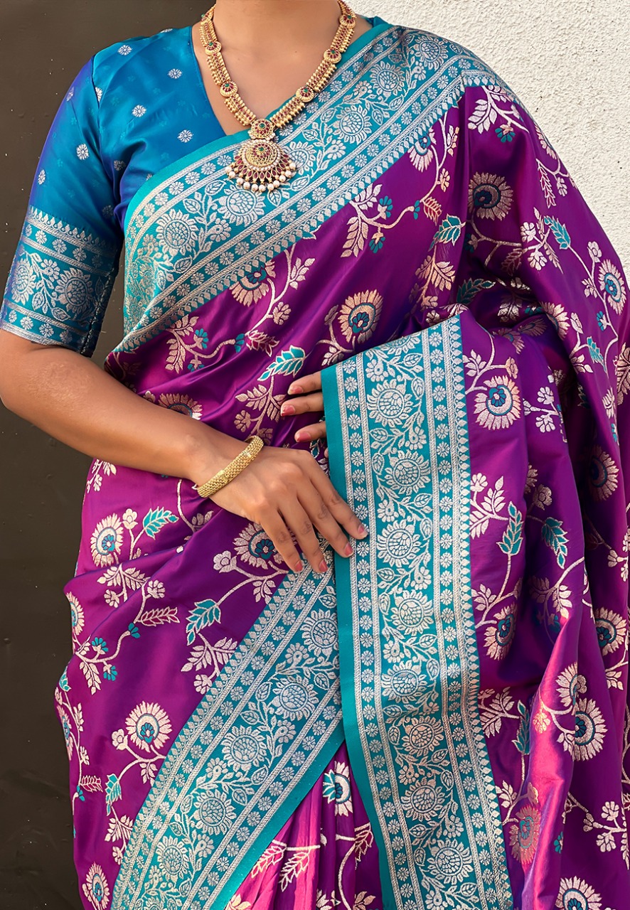 Purple Premium Banarasi Silk Rose Gold Zari Meenakari Weaved All Over Saree