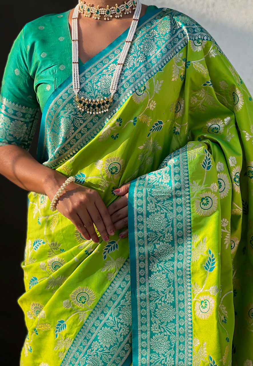 Lime Green Premium Banarasi Silk Rose Gold Zari Meenakari Weaved All Over Saree