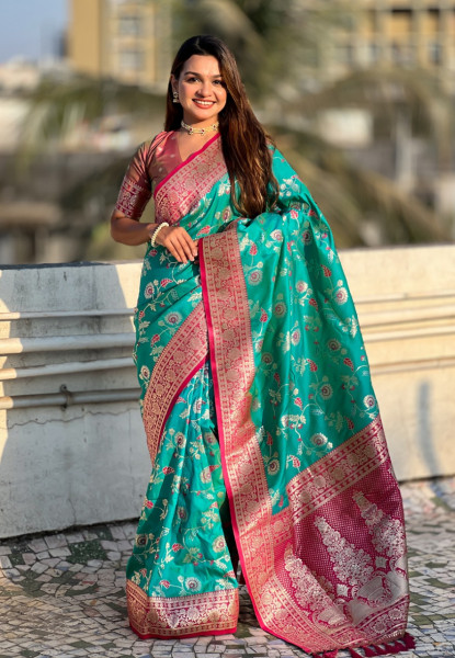 Image of C-Green Premium Banarasi Silk Rose Gold Zari Meenakari Weaved All Over Saree
