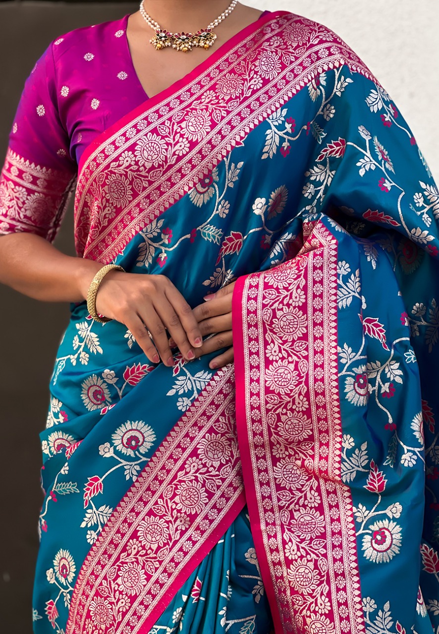 Teal Premium Banarasi Silk Rose Gold Zari Meenakari Weaved All Over Saree