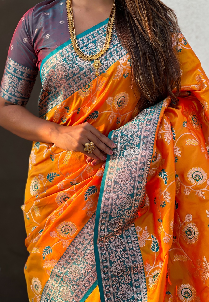 Orange Premium Banarasi Silk Rose Gold Zari Meenakari Weaved All Over Saree