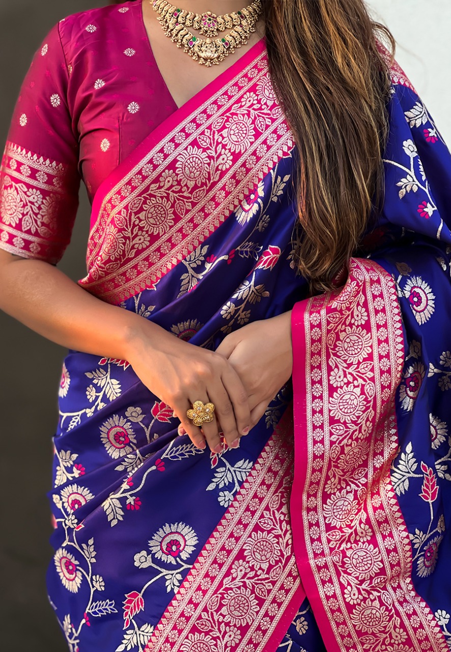 Navy Blue Premium Banarasi Silk Rose Gold Zari Meenakari Weaved All Over Saree