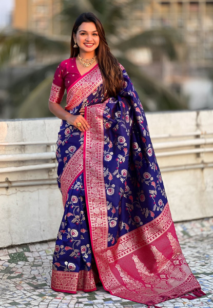 Image of Navy Blue Premium Banarasi Silk Rose Gold Zari Meenakari Weaved All Over Saree
