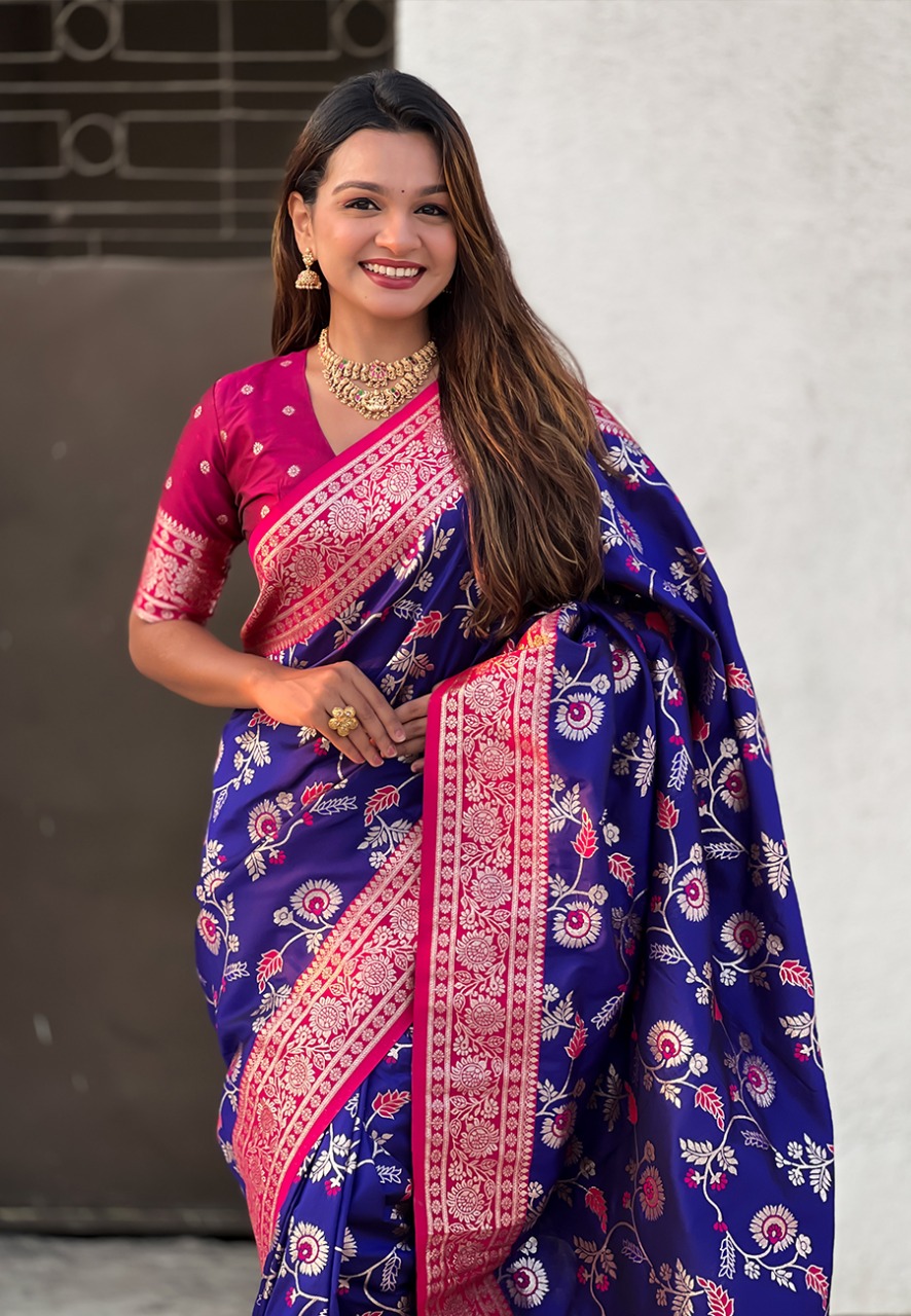 Navy Blue Premium Banarasi Silk Rose Gold Zari Meenakari Weaved All Over Saree