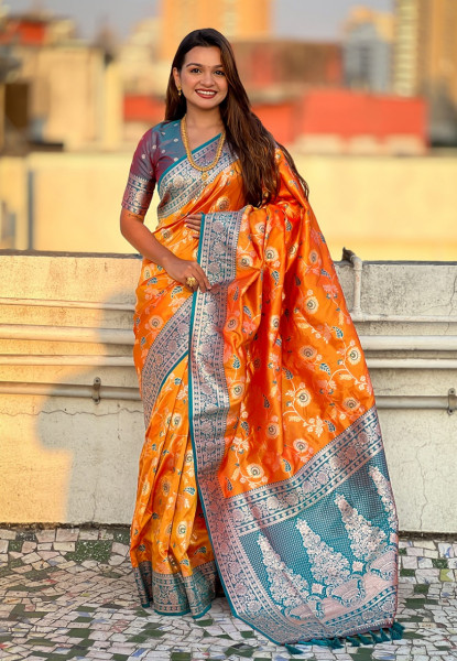 Image of Orange Premium Banarasi Silk Rose Gold Zari Meenakari Weaved All Over Saree