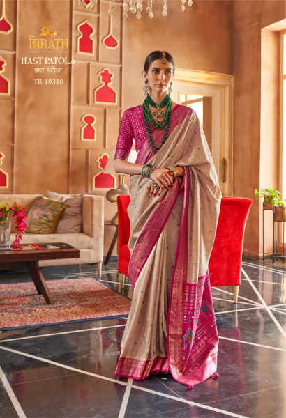 Image of Beige Mercerised Silk Classic Patola Sambalpuri Rich Pallu Saree