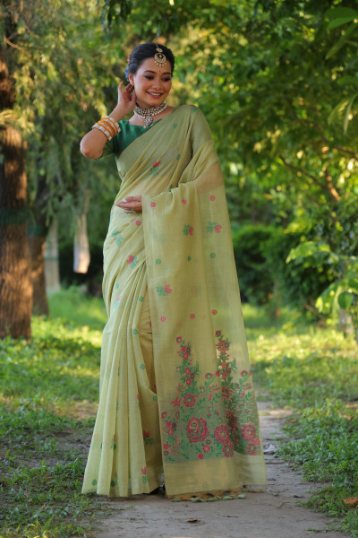 Image of Pistachio Premium Muga Cotton Floral Weaved All Over Body Pallu Borderless Saree