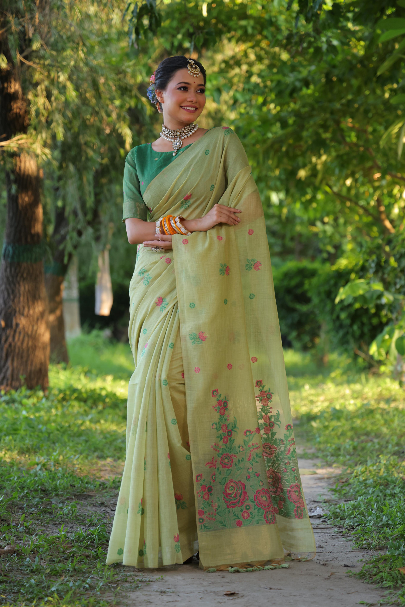 Pistachio Premium Muga Cotton Floral Weaved All Over Body Pallu Borderless Saree