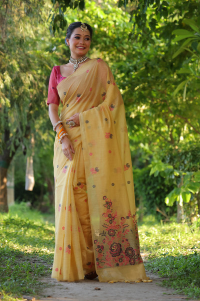 Image of Lemon Yellow Premium Muga Cotton Floral Weaved All Over Body Pallu Borderless Saree