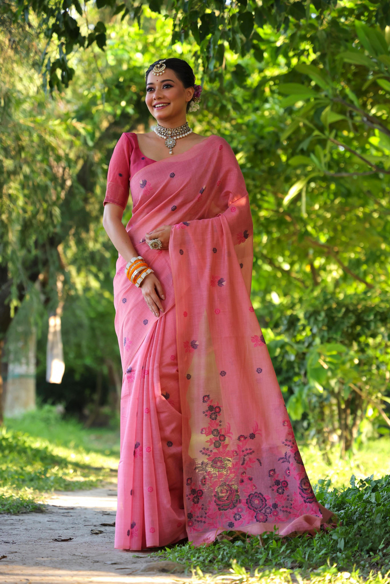 Pink Premium Muga Cotton Floral Weaved All Over Body Pallu Borderless Saree