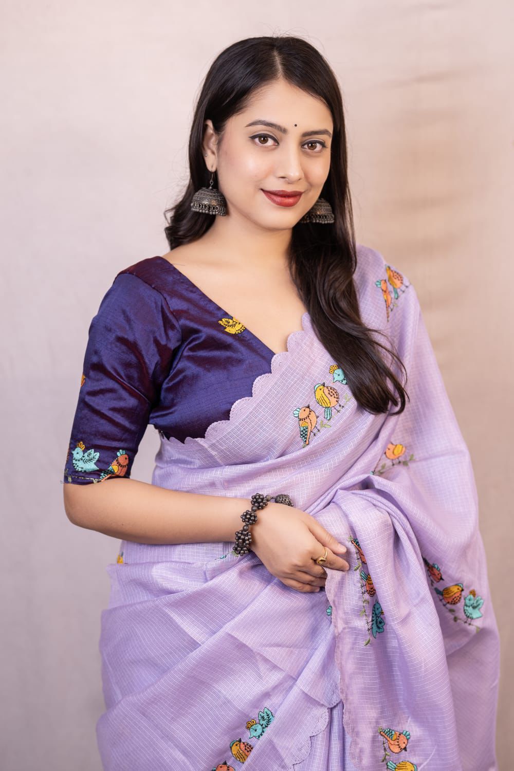 Lavender Kota Silk Parrot Embroidery Cutwork Border Saree