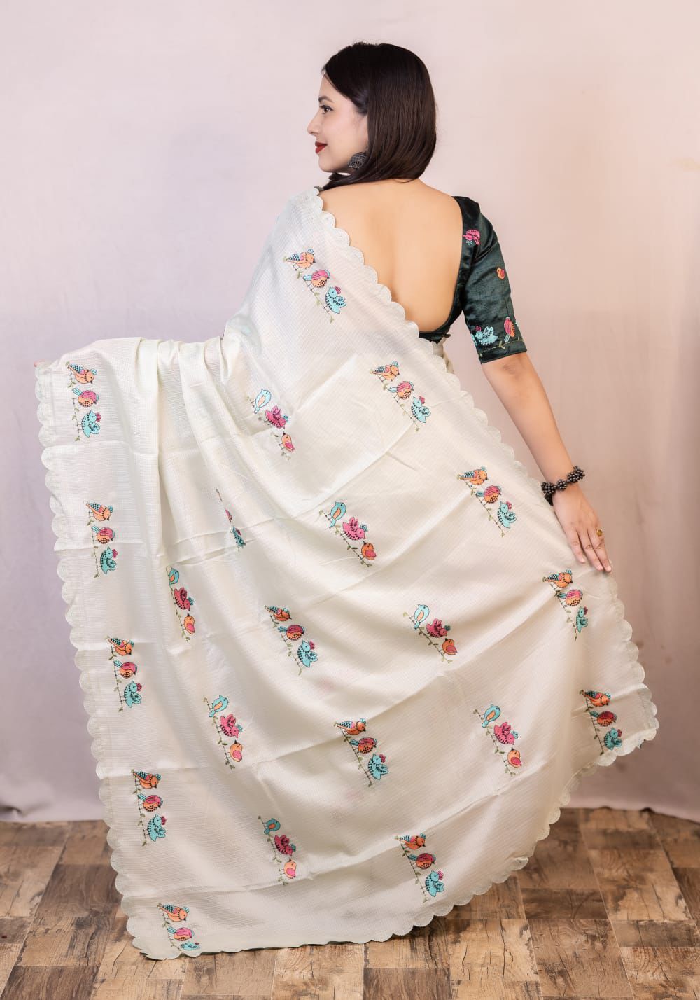 Beige Kota Silk Parrot Embroidery Cutwork Border Saree