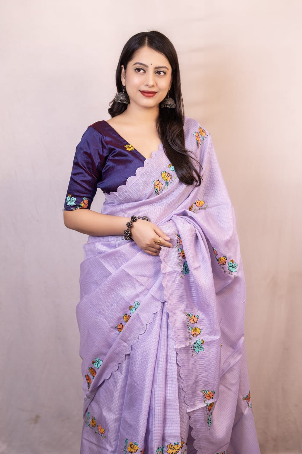 Lavender Kota Silk Parrot Embroidery Cutwork Border Saree