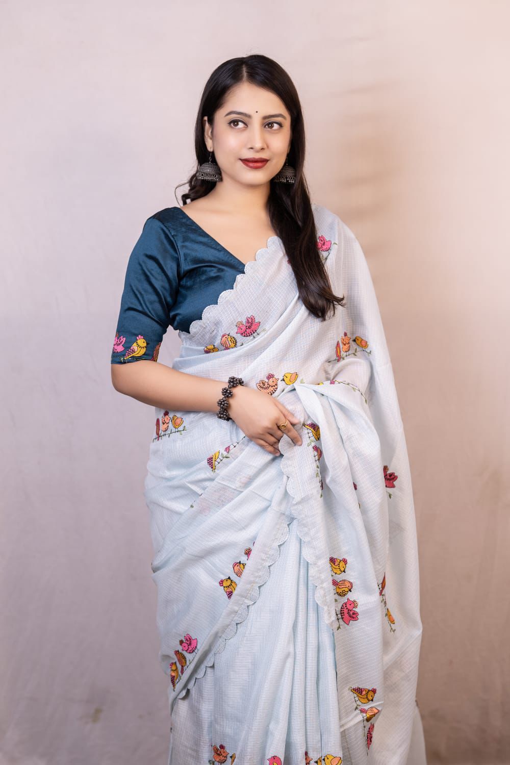 Light Gray Kota Silk Parrot Embroidery Cutwork Border Saree