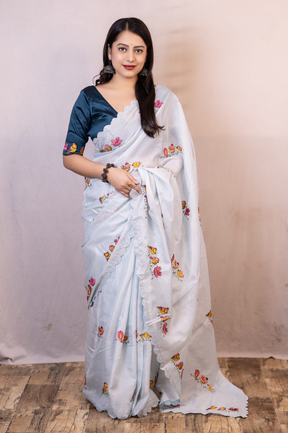 Light Gray Kota Silk Parrot Embroidery Cutwork Border Saree