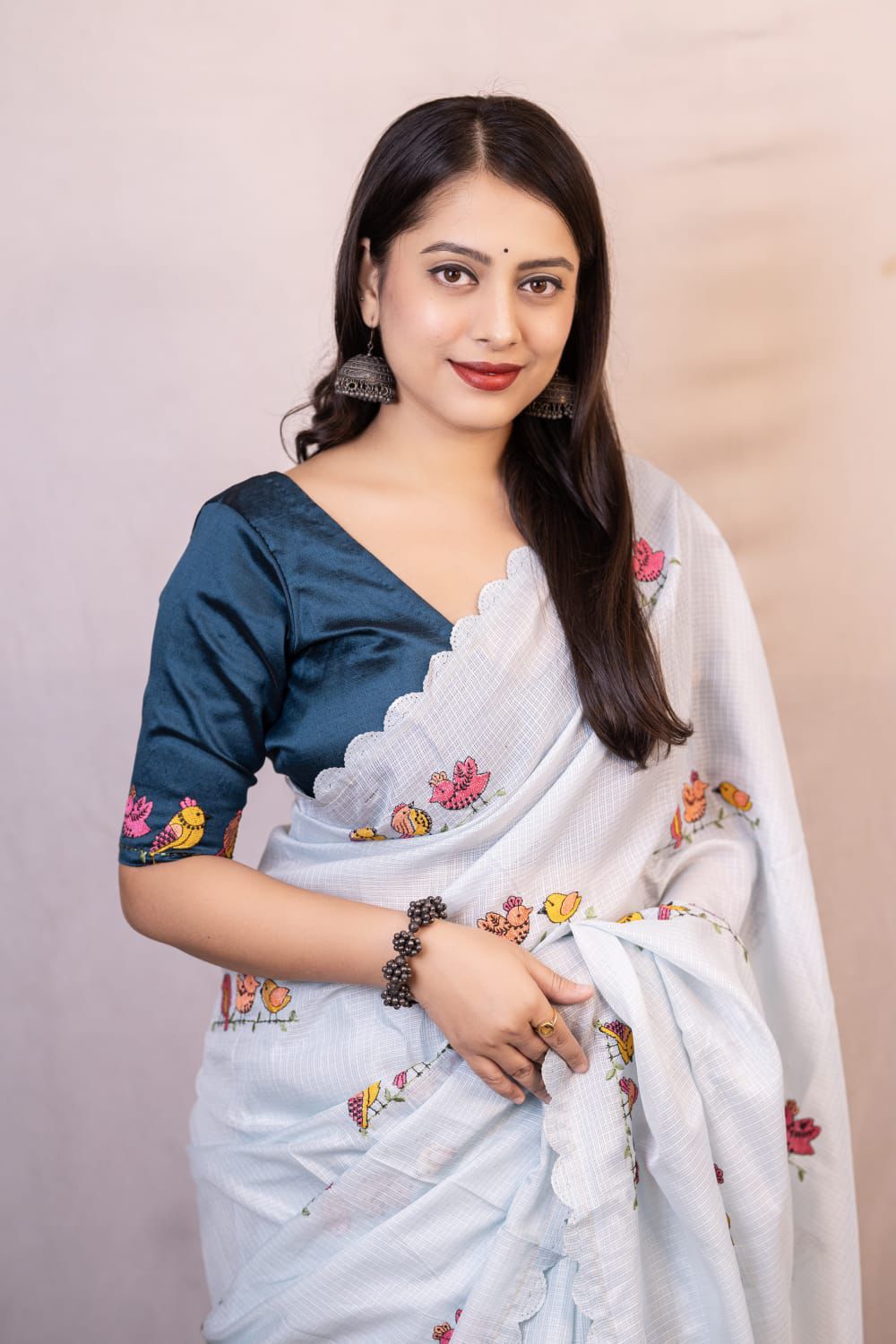 Light Gray Kota Silk Parrot Embroidery Cutwork Border Saree