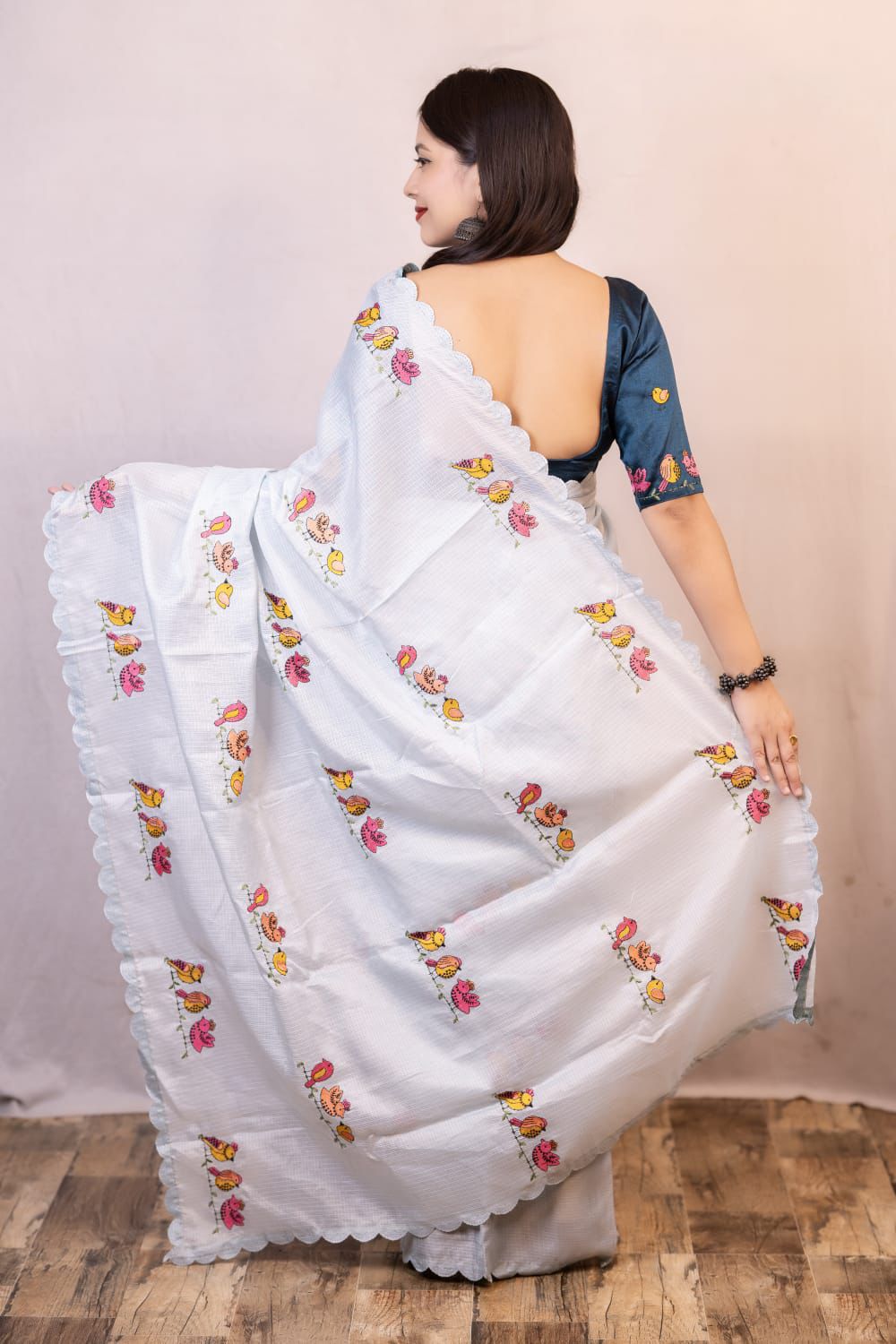 Light Gray Kota Silk Parrot Embroidery Cutwork Border Saree