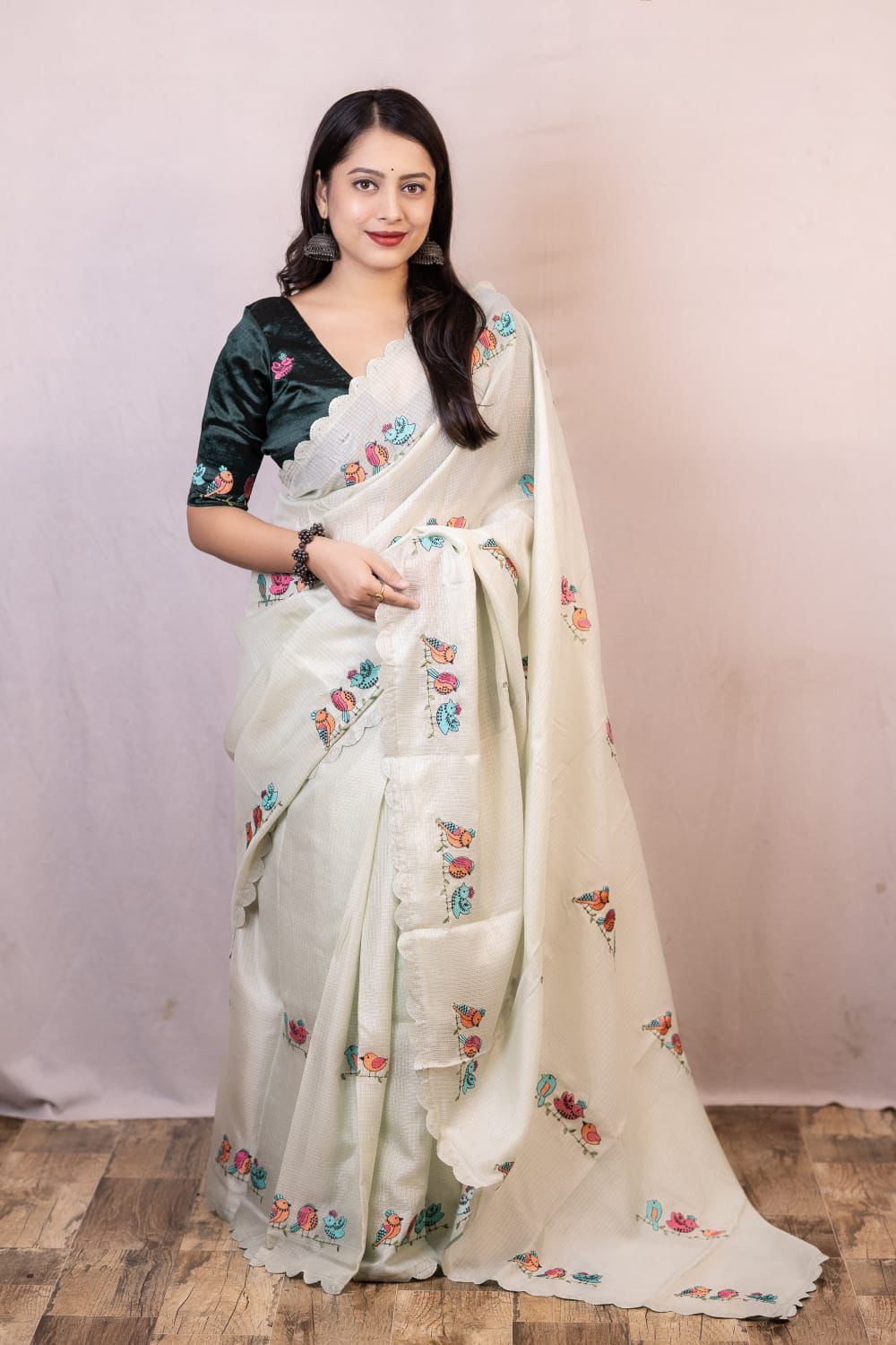 Beige Kota Silk Parrot Embroidery Cutwork Border Saree