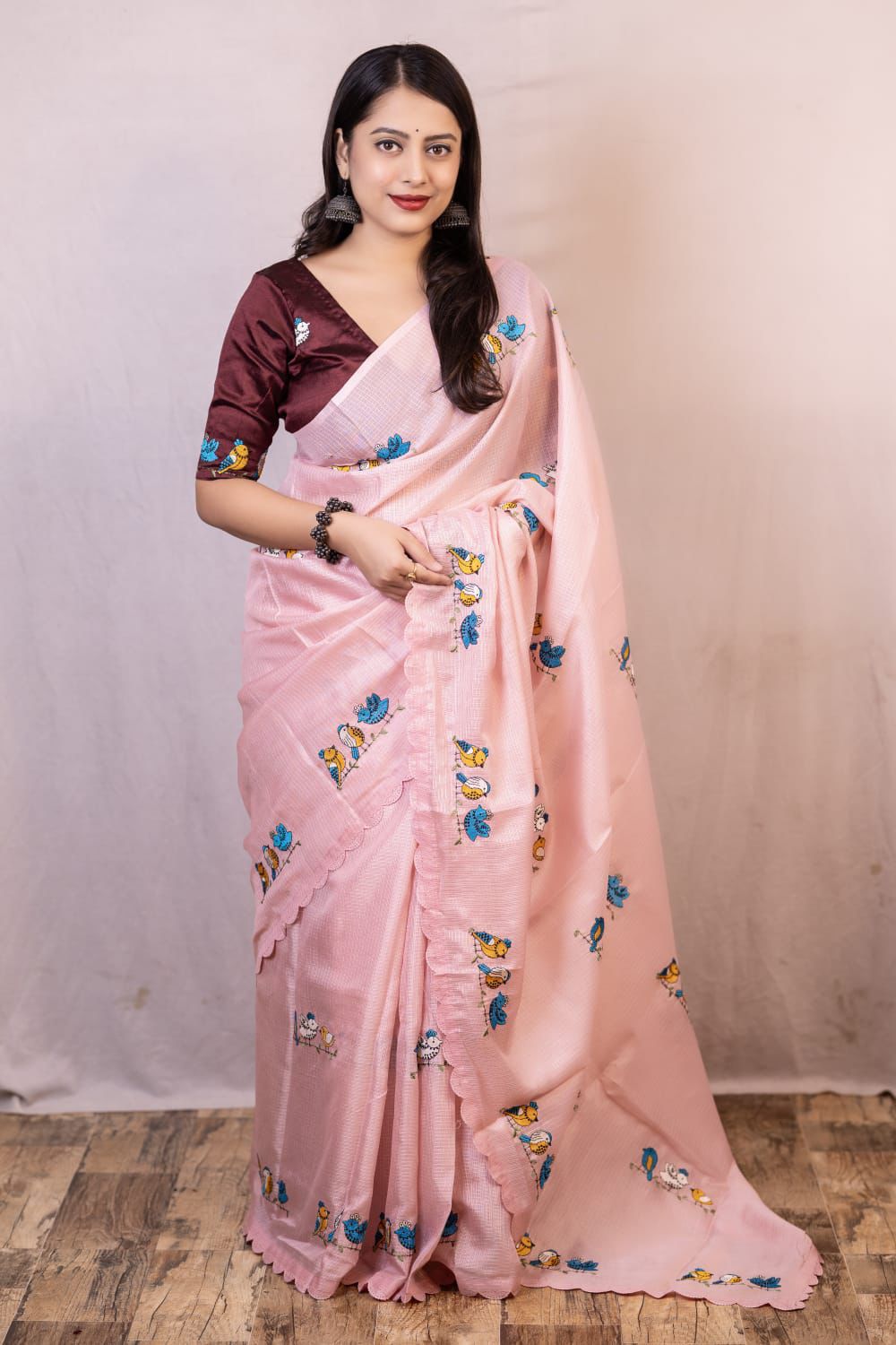 Pink Kota Silk Parrot Embroidery Cutwork Border Saree